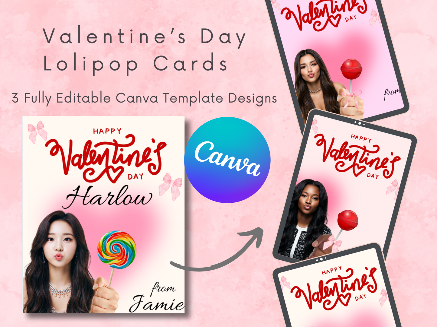 Lolipop Valentine's Day Card Canva Editable Template 3 Pack