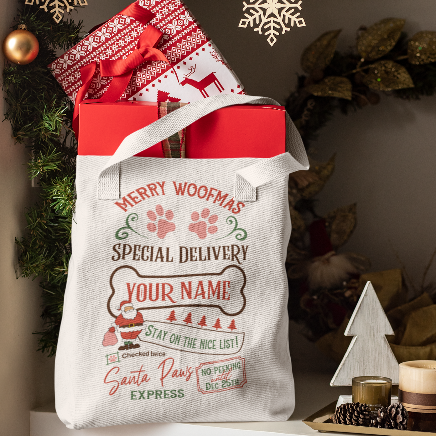 Woofmas Dog Gift Delivery Custom Christmas Tote Bag